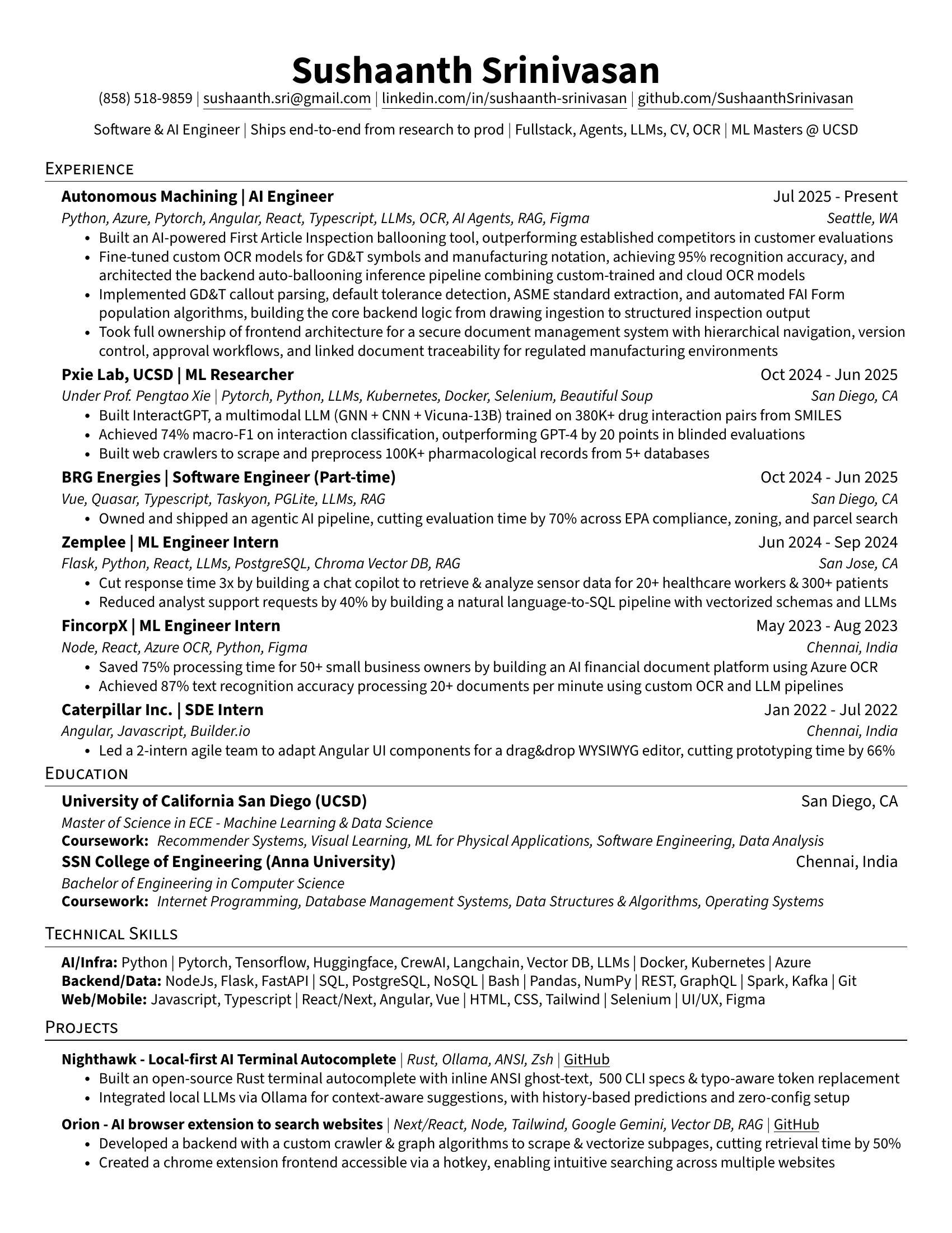 Resume of Sushaanth Srinivasan — Software & AI Engineer