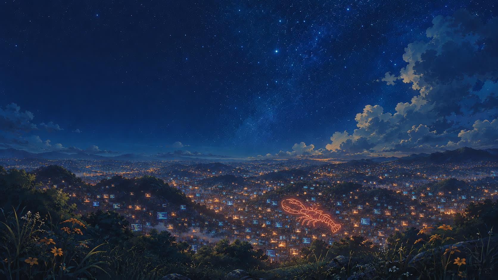 A hilltop view over a vast valley of glowing town lights that never dim, under a huge starry night sky, with a coral lobster constellation woven into the lights.