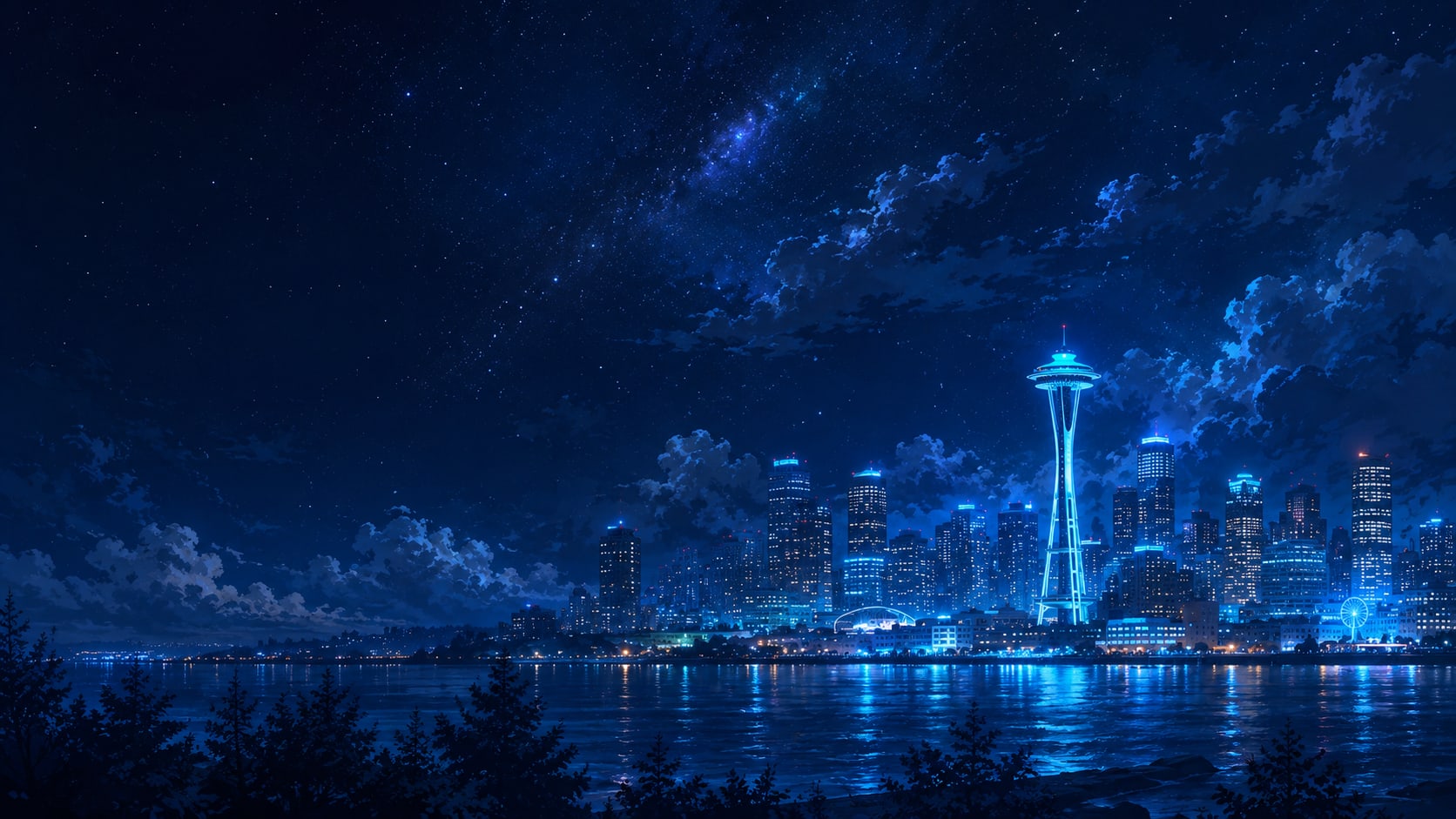 Seattle skyline at night beneath a starry sky, the Space Needle glowing sky-blue over calm water.